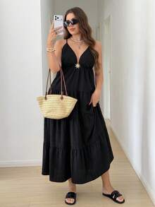 SHEIN LUNE Plus Size Women Metal Sun Decor Camisole Dress - Black - View 3