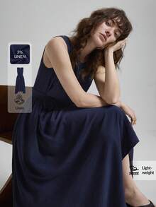 Ontre Damen Schwarzes Leinen Komfortables hautfreundliches Material Figurbetontes rundhalsausschnitt ärmelloses H-Linie Patchwork asymmetrischer Saum Mehrschichtiges Design Gürtel Dekor Seitentaschen Boho Strandurlaub Outfit Country Musik Festival Western Stil Lässig Chic Dezent Vintage Hochwertig Kreuzfahrt Tragen Minimalistisch Luxuriöses Gefühl Essenzielles Outfit Mode Business-Casual Urban Kleid Hochwertig Flughafen Outfit Vielseitig Saisonales Kleid Resort Kollektion Midi Kleid - marineblau - Übersicht 6