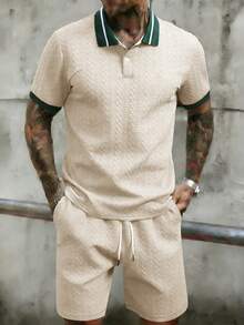 EGENSIO Men's Textured Solid Polo Shirt & Drawstring Shorts Set Spring To Summer - Apricot - View 1