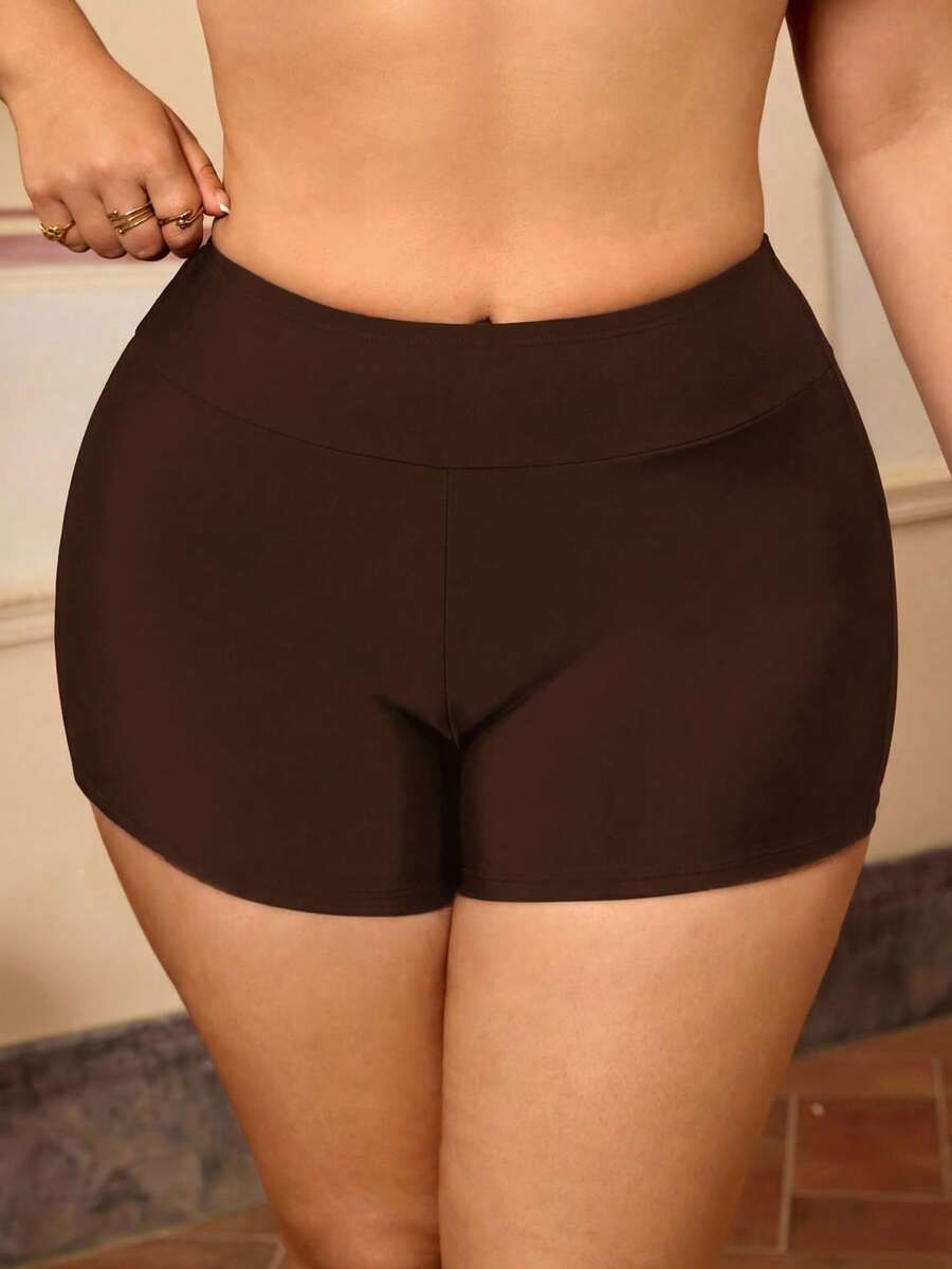 Swim Basics Plus Size Solid Color Minimalist Everyday Swimwear Bottom - Brown - View 1
