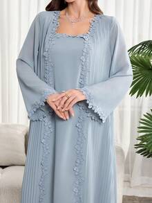Al Najma Plus Size Women's Solid Color Embroidered Square Neck Elegant Long Sleeve Arabic Style Dress - Blue - View 5