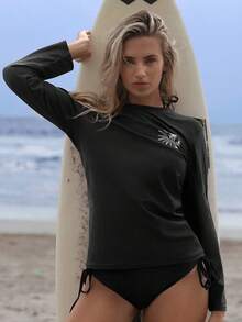 SHEIN Swim SPRTY Conjunto de surf para mujer con estampado de palmeras - Negro - Ver 8