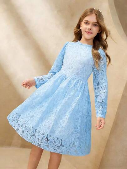 Girls' White Lace Floral Embroidered Long Sleeve Dress, Formal Dress For Spring/Summer, Flower Girl Dress For Wedding, Birthday Party, Lightweight Polyester Blend Midi Lace Hollow Out Long Sleeve Dress