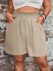 EMERY ROSE Plus Size Women Solid Color Elastic Waist Pocket Casual Shorts Linen Shorts Women Plus Size Beige Shorts High Waisted Shorts Summer Outfit For Women - Khaki - View 1