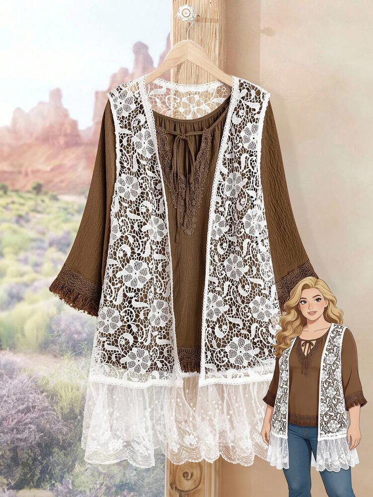 Plus Size Solid Color Lace Patchwork Sleeveless Coat,Summer,Vacation,Holiday Boho,Autumn