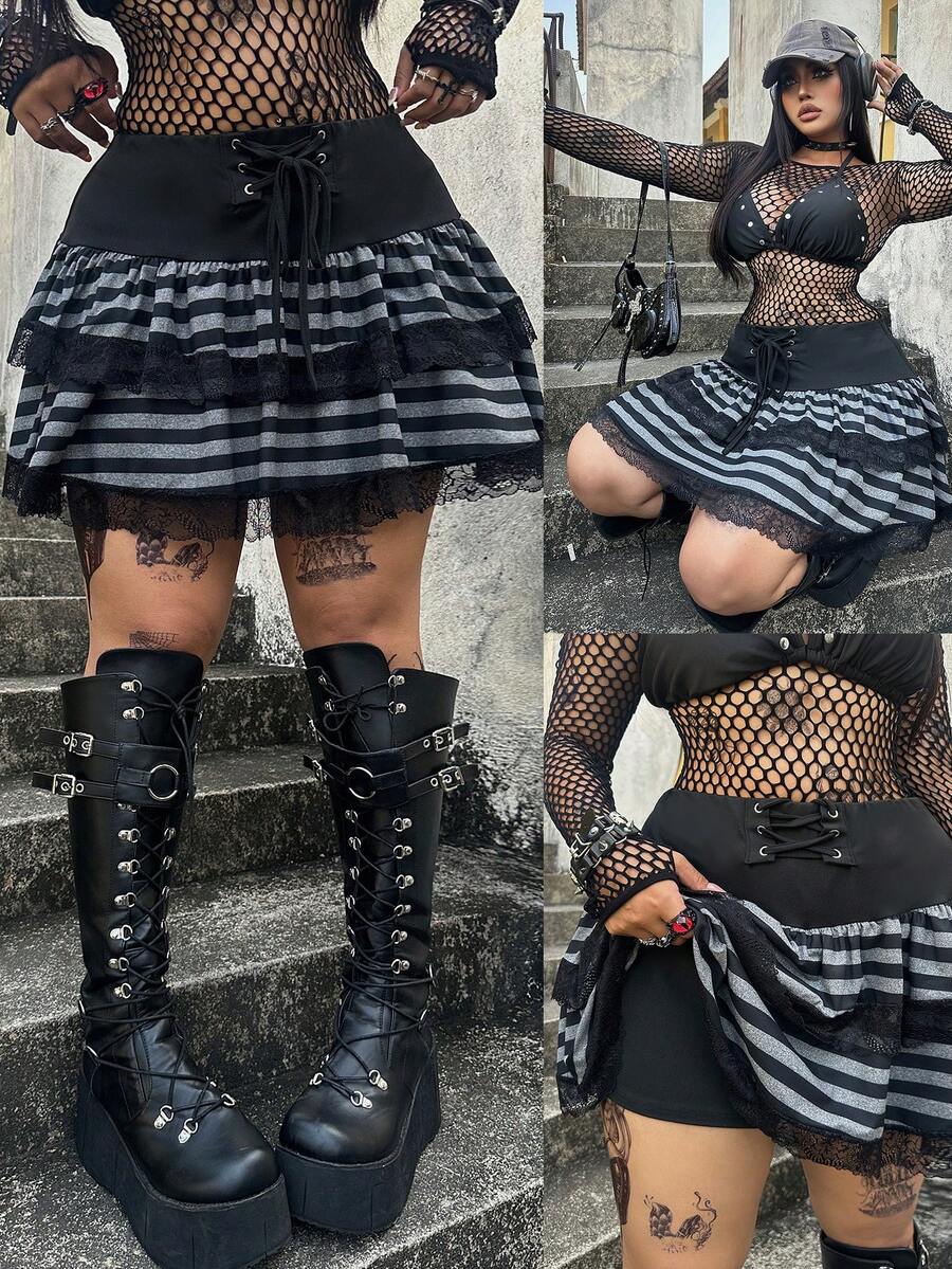 Whyspr 大码撞色条纹收腰双层蕾丝边半裙短裤 - 彩色 - 查看 1