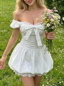 Joudiya Vestido casual y dulce para niña con diseño de lazo de encaje calado blanco, adecuado para el Día de San Valentín, boda, fiesta, evento de moda, uso elegante en la oficina, vestido mini entallado y acampanado - Blanco - Ver 14