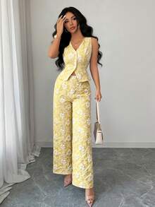 SHEIN Elenzya 女士夏季新款非洲雏菊提花压纹优雅休闲日常通勤商务套装蓝色背心和裤子两件套 - 淡黃色 - 查看 5