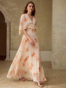 MOTF PREMIUM ROMANTIC PLEATED LACE PRINTED LONG DRESS, SUITABLE FOR SPRING/SUMMER DATES - Orange - View 5