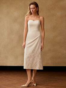PREMIUM VESTIDO MIDI SIN TIRANTES BORDADO PARA CITAS DE INVIERNO PARA MUJERES - Albaricoque - Ver 4
