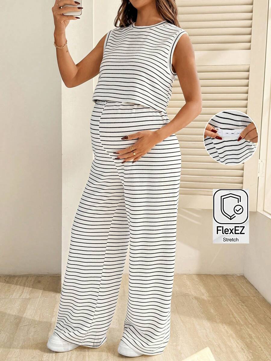 SHEIN Bộ đồ bầu 2 món gồm áo tank top kẻ sọc và quần ống rộng, thích hợp cho mùa hè. - Đen và trắng - Xem 1
