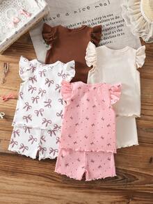 SHEIN 8件套女婴春夏新款休闲日常外出可爱趣味格子向日葵短袖背心T恤上衣和短裤套装 - 卡其色 - 查看 2