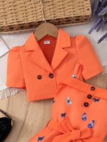 Elladie kids 2件套女童休闲翻领外套和吊带连衣裙，粉色 - 橘色 - 查看 4