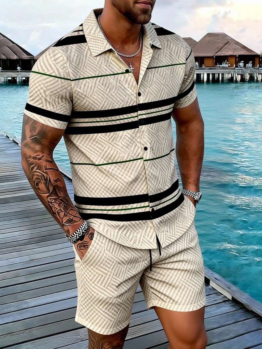 Manfinity RSRT Bộ đồ nam gồm áo sơ mi ngắn tay cài cúc họa tiết kẻ sọc và quần short túi xéo, kiểu dáng thường ngày. - Nhiều màu - Xem 1