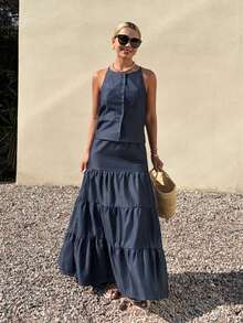 DAZY Bộ đồ denim nữ không tay, cài cúc phía trước và chân váy dài, kiểu dáng thường ngày. - Rửa tối - Xem 4