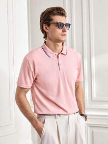 Officeau Polo de golf pour hommes avec bordure contrastée, col à demi-boutons, chemise décontractée légère et douce pour le travail, cadeau pour le petit ami, pour le golf, pour le port quotidien, pour l'été, pour le tennis - Rose bonbon - Voir 7