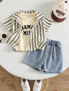 SHEIN Bộ 3 món gồm áo lót, áo sơ mi kaki kẻ sọc mùa hè cho bé trai, áo phông in chữ và quần short denim xanh, bộ đồ đi nghỉ mát, bộ đồ kẻ sọc, bộ đồ cho bé trai. - Nhiều màu - Xem 3