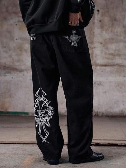 Skyrend Quần jeans ống đứng phong cách Mỹ cá tính dành cho nam, phong cách Emo, Grunge