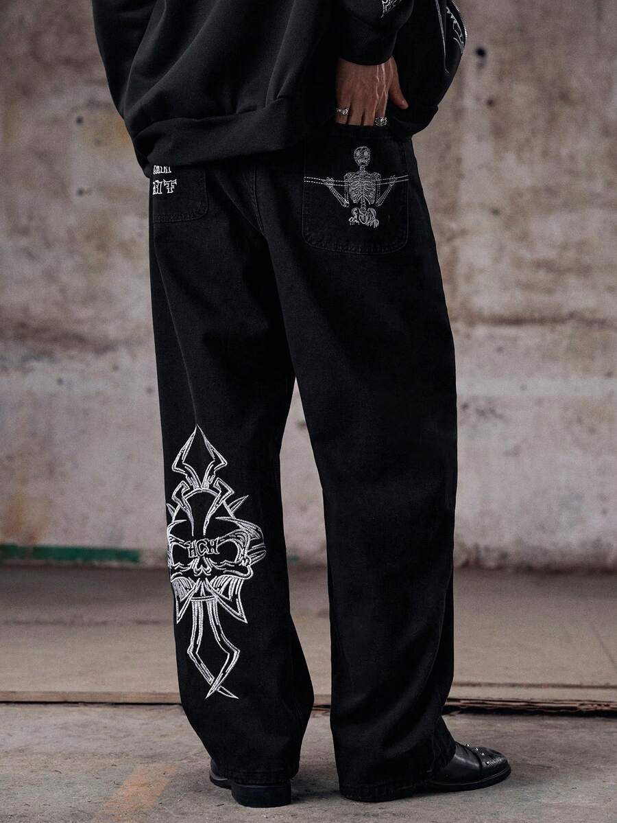 Men's Personalized American Retro Straight-Leg Jeans, Emo Style, Grunge - Black - View 1
