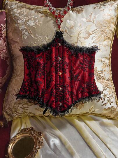 PinupPomp 1 pieza Corset con forma de estilo gótico vintage, de satén rojo vino con ribete de encaje negro y huesos de acero