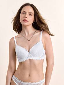 蜜桃女孩白色蕾丝性感少女内衣，褶皱舒适可调节肩带文胸 - 白色 - 查看 6