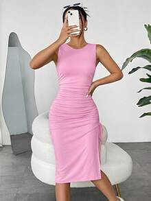 SHEIN EZwear Gaun Bodycon Tanpa Lengan Rajut Warna Pink untuk Wanita, Gaun Midi Lekuk dengan Belahan dan Detail Kerut Bertali Serut untuk Musim Panas, Pakaian Elegan - Berwarna merah muda - View 4