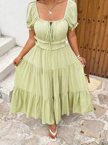 Sunnyshic Đầm kiểu Pháp lãng mạn cổ vuông tay cánh hoa, đầm chữ A màu xanh nhạt xếp ly eo thon mùa hè dành cho nữ, đầm công chúa đi nghỉ mát. - màu xanh lá - Xem 2