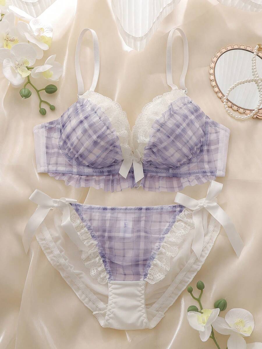 DelicateAllure 2pcs Plaid Underwire Molded Cup Underwire Lace Trim Multi-Tier Ruffle Bow Kawaii Cute Lolita Style Comfy Balconette Bra Set For Women - Purple - View 1