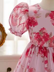 SHEIN Glamorique Kids 年轻女孩优雅迷人可爱粉色泡泡袖收腰奢华荷叶边连衣裙 - 粉色 - 查看 5