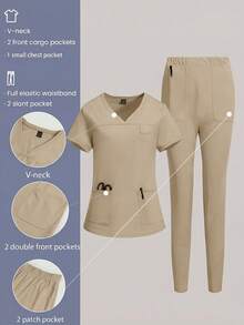 TaskEZ Simple Solid Color V-Neck Short Sleeve T-Shirt With Pockets Paired With Long Pants, Scrub Set - Khaki - View 1