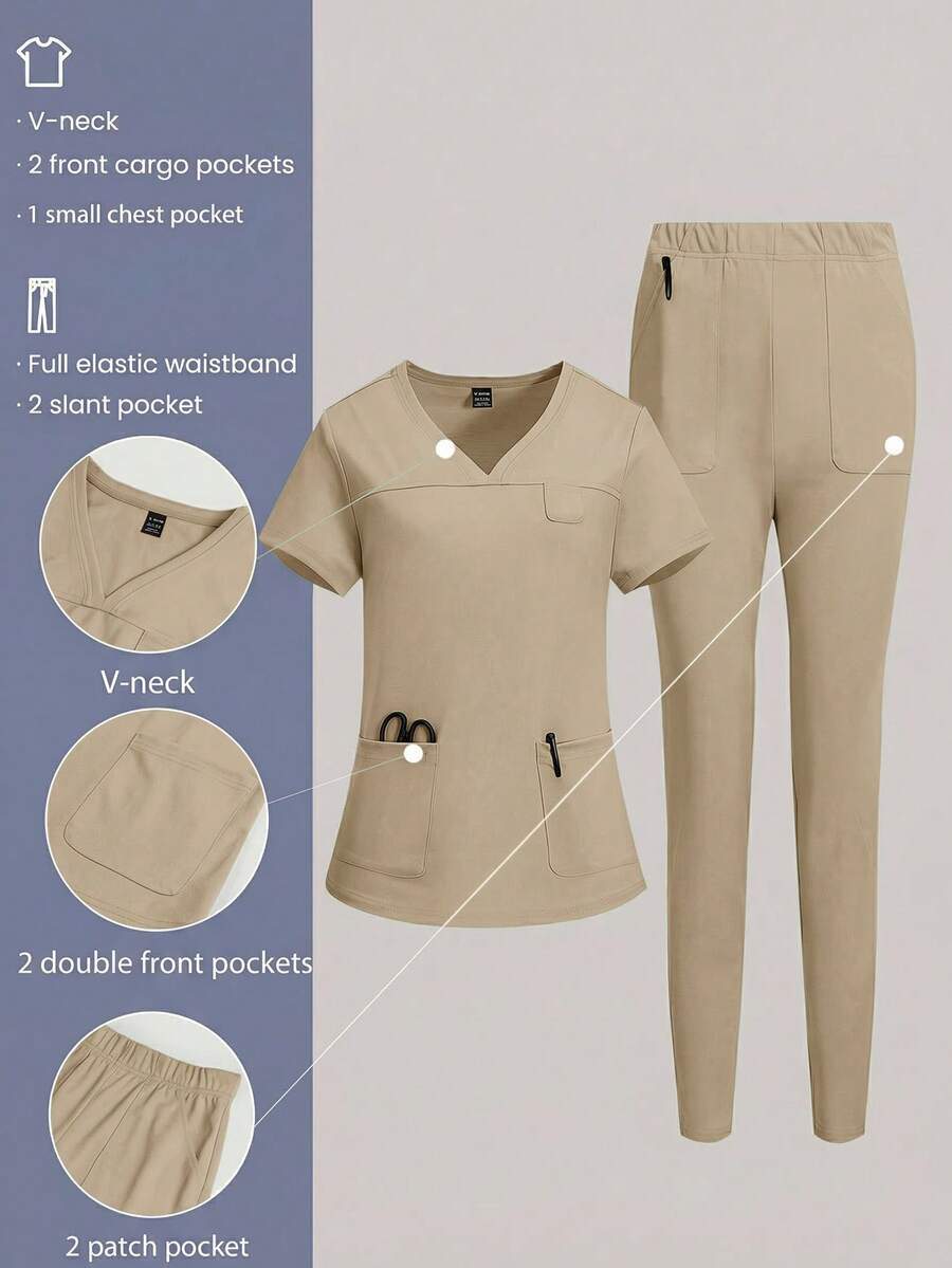 TaskEZ Simple Solid Color V-Neck Short Sleeve T-Shirt With Pockets Paired With Long Pants, Scrub Set - Khaki - View 1