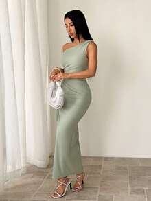 SHEIN PETITE Đầm phù dâu mùa xuân & hè, đầm dự tiệc lệch vai thắt nút xoắn không dây đeo vai gợi cảm xếp ly xẻ cao bèo nhún, đầm lệch vai bèo nhún thanh lịch màu xanh lá cây nhạt - màu xanh lá - Xem 9