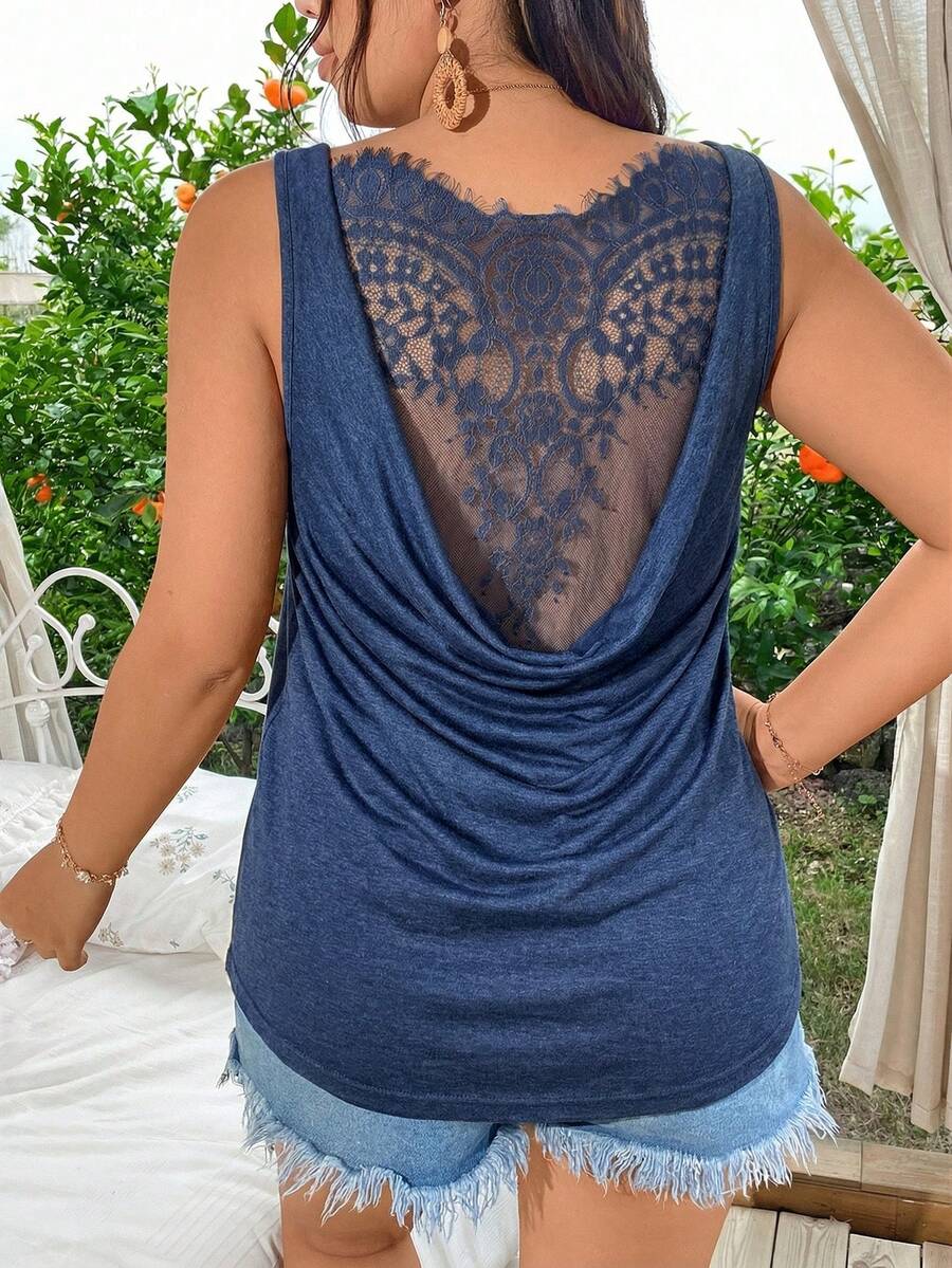 Calvaya Áo hai dây và áo tank top không tay cổ cao, viền ren, chất liệu dệt kim mềm mại, cỡ lớn, thích hợp cho đi chơi, dự tiệc hoặc đi nghỉ mát. - Xanh đậm - Xem 1