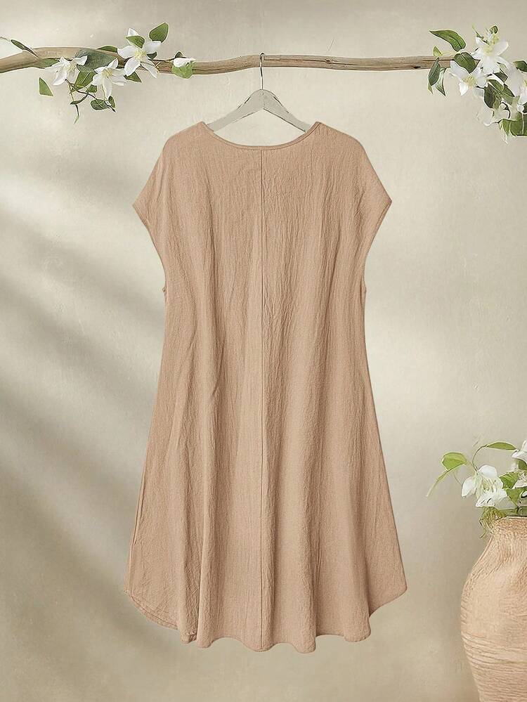 Plus Size Women's Summer Casual Vacation Country   Round Neck Short Sleeve Solid Color Khaki  Dress With Pockets,Plus Size Women Summer Holiday Country Casual Vacation Round Neck Short Sleeve Solid Color Khaki Pocket Dress,Fall Women Clothes ,Summer Holiday,Vacation Outfits Women,Simple And Fashionable For Everyday Wear,Vacay Vibes,Springbreak,Casual Wear SS,Bohemia,Summer Dresses For Women,Flowy Dress,Comfortable And Breathable,Vacation, Daily Wear, Festival Outfits For Women,Country Concert Outfit,Beach Outfits For Women,Western Style