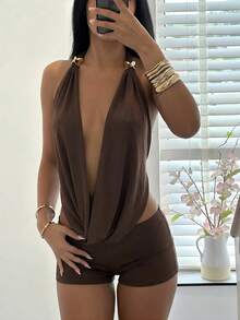 Aloruh 春夏新款性感波西米亚热带风情深V领露背金属点缀连体裤，适合海滩度假、婚礼宾客、毕业早午餐、音乐节等场合。 - 棕色 - 查看 12