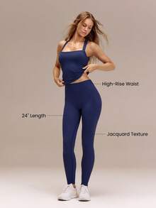 GLOWMODE 24英寸超细柔软无缝高腰紧身裤，吸汗速干，训练跑步健身运动服 - Dark Blue - 查看 2