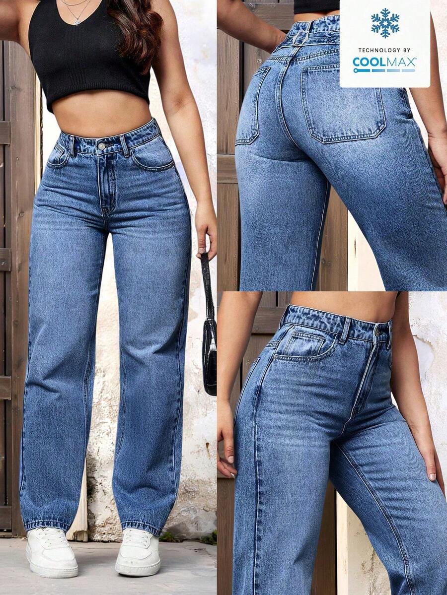 SHEIN EZwear 女士休闲日常通勤百搭宽松透气直筒牛仔裤 - 中等水洗藍 - 查看 1