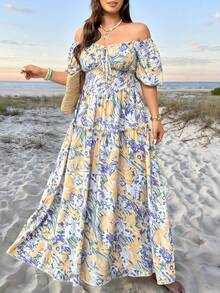 Vionelle 大码女式春夏休闲碎花露肩泡泡袖连衣裙 - 彩色 - 查看 3