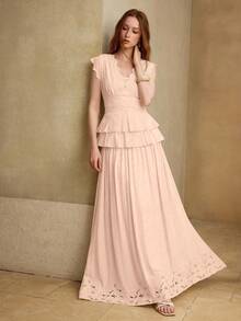 MOTF PREMIUM RUFFLE HEM TOP CONTRAST LACE SKIRT SET WEDDING MOTHER OF THE BRIDE PEACH PINK SUMMER ROMANTIC ELEGANT - Coral Pink - View 5
