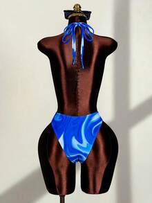 Zestiva Traje de baño de una pieza con estampado, escote halter y diseño hueco en forma de cruz, para mujer, primavera/verano - Azul - Ver 2