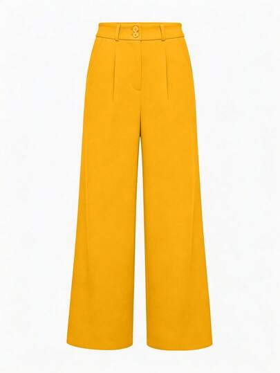 SHEIN LUNE Celana Panjang Wanita Elegan Warna Kuning Mustard dengan Potongan Lebar, Pakaian Kantor Musim Dingin, Celana Palazzo Kasual Polos, Pakaian Festival, Pakaian Musim Panas Multifungsi yang Elegan