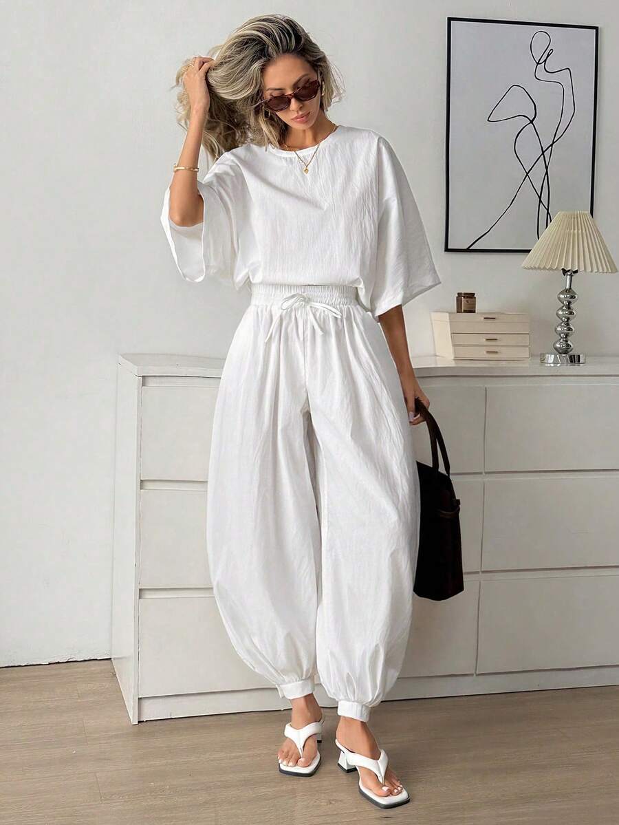 SHEIN LUNE 女款純色圓領寬袖上衣與寬腿褲兩件套，全白夏季休閒居家服舒適護理師套裝