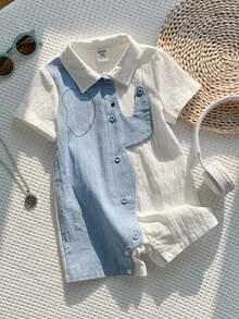 Baby Boy Cute Casual Color Block Cartoon Elephant Pattern Lapel Romper - Blue - View 6