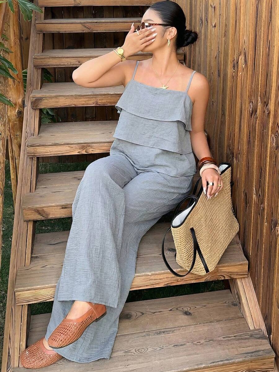 Dazy Plus Spring & Summer Vacation Style Cropped Camisole Top With Ruffle Hem And Casual Pants Set, Plus Size - Dusty Blue - View 1