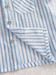 SHEIN Playful Pals 2件/組 嬰兒男童藍白條紋短袖襯衫 & 素色短褲 夏季休閒度假套裝 6-36個月新生兒嬰兒服飾 - 藍白色 - 查看 6