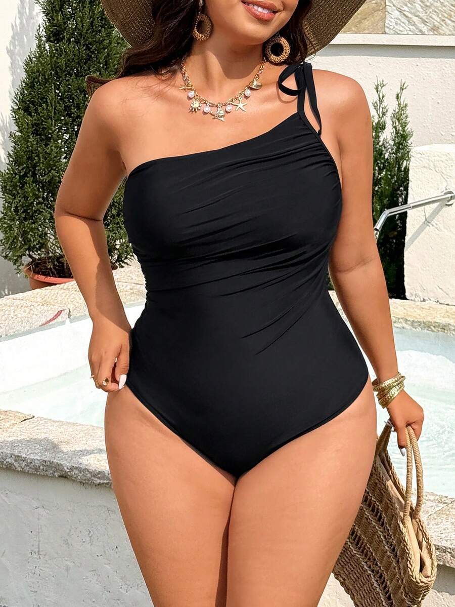 Swim Vcay Traje de baño de una pieza sexy y elegante para mujer de talla grande, con un solo tirante, diseño plisado 3D, tela de alta elasticidad, adecuado para la playa, viajes y fiestas de vacaciones - Negro - Ver 1