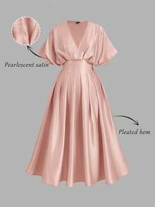 SHEIN MOD Đầm midi satin xếp ly tay ngắn cổ chữ V màu trơn cỡ lớn, thanh lịch - Bụi hồng - Xem 1