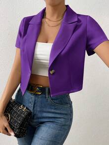 Breezaya Women's Solid Color Mottled Lapel Single-Breasted Short Sleeve Blazer - Purple - View 4