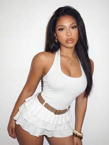 Slaydiva 优雅休闲U领修身伞裙，女士白色短款连衣裙（不含腰带） - A - 白色 - 查看 5