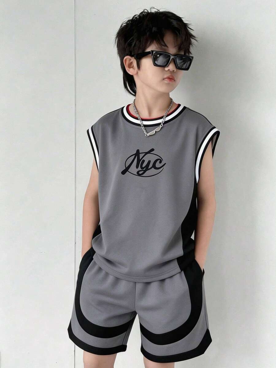 SHEIN Little Byeori 两件套儿童/青少年男童休闲宽松印花圆领无袖T恤和短裤套装，运动服，灰色背心套装，基础款上衣，基础款裤子，运动裤，Y2K风格，适合春夏、郊游、情人节、约会、旅行、度假、家庭聚会、返校、婚礼、正式活动、运动、生日派对等场合。